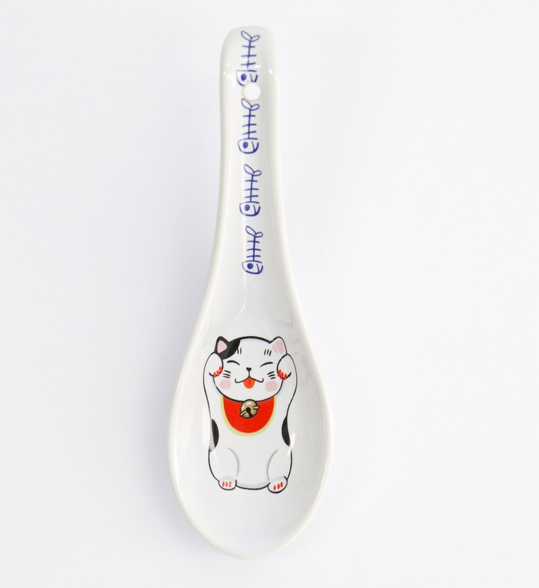 Japońska Łyżka Porcelanowa do Ramenu Kawaii Red Cat 13,8 cm