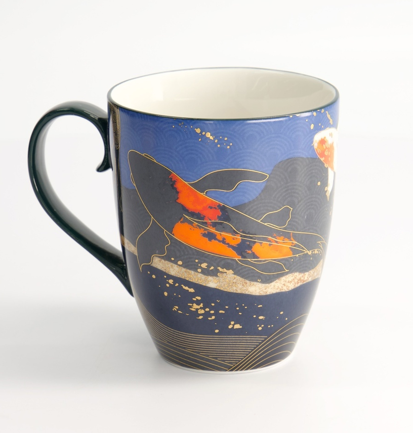 Japoński Kubek Porcelanowy Kawaii Goldfish Blue 380 ml – Złote Rybki w Głębi Oceanu