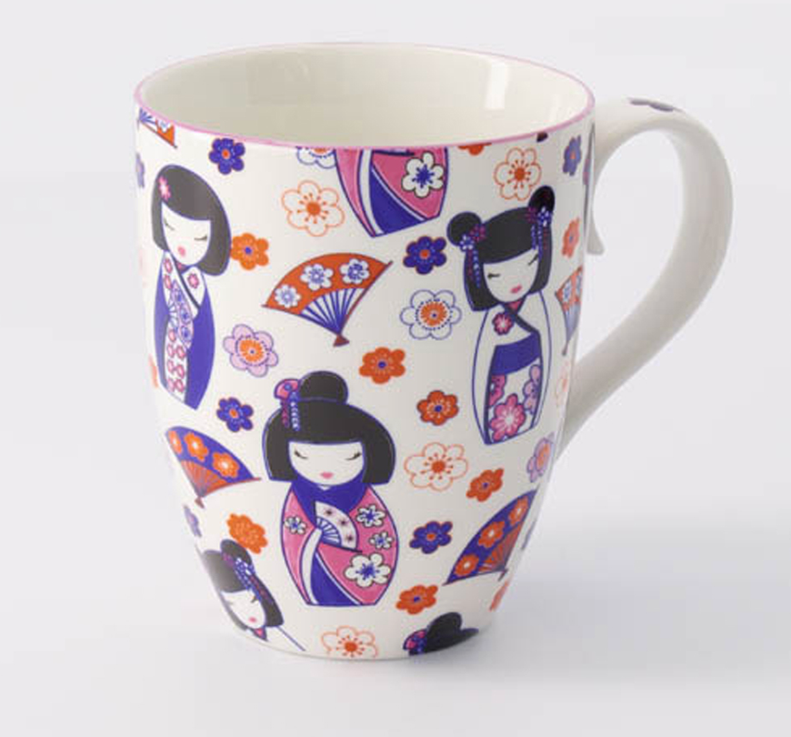 Japoński Kubek Porcelanowy Kawaii Maiko 380 ml – Urok Tradycyjnych Laleczek Kokeshi
