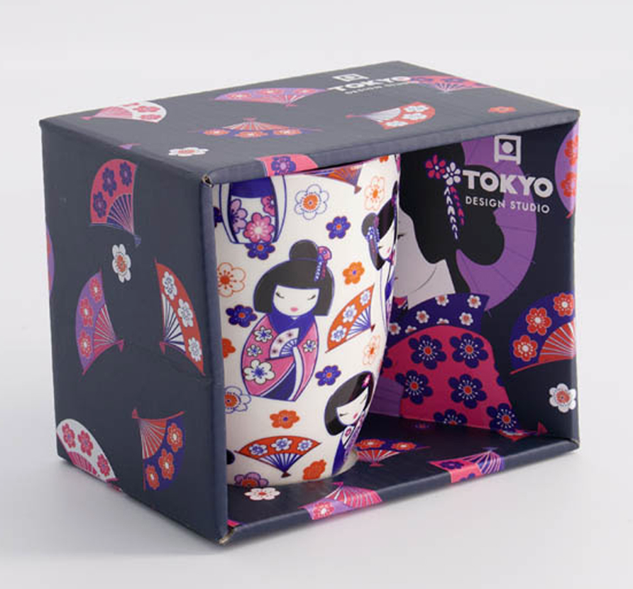 Japoński Kubek Porcelanowy Kawaii Maiko 380 ml – Urok Tradycyjnych Laleczek Kokeshi