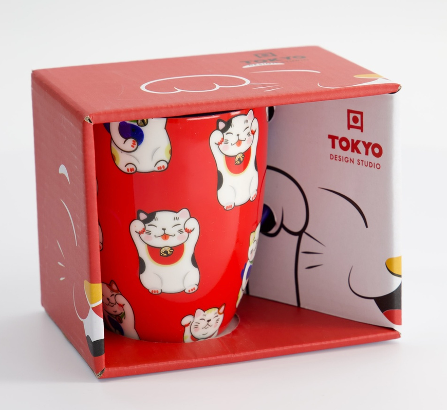 Japoński Kubek Porcelanowy Kawaii Red Lucky Cat 380 ml 
