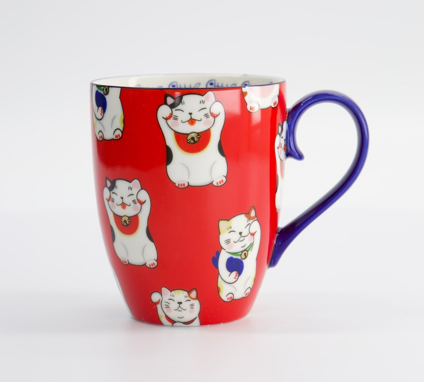 Japoński Kubek Porcelanowy Kawaii Red Lucky Cat 380 ml 